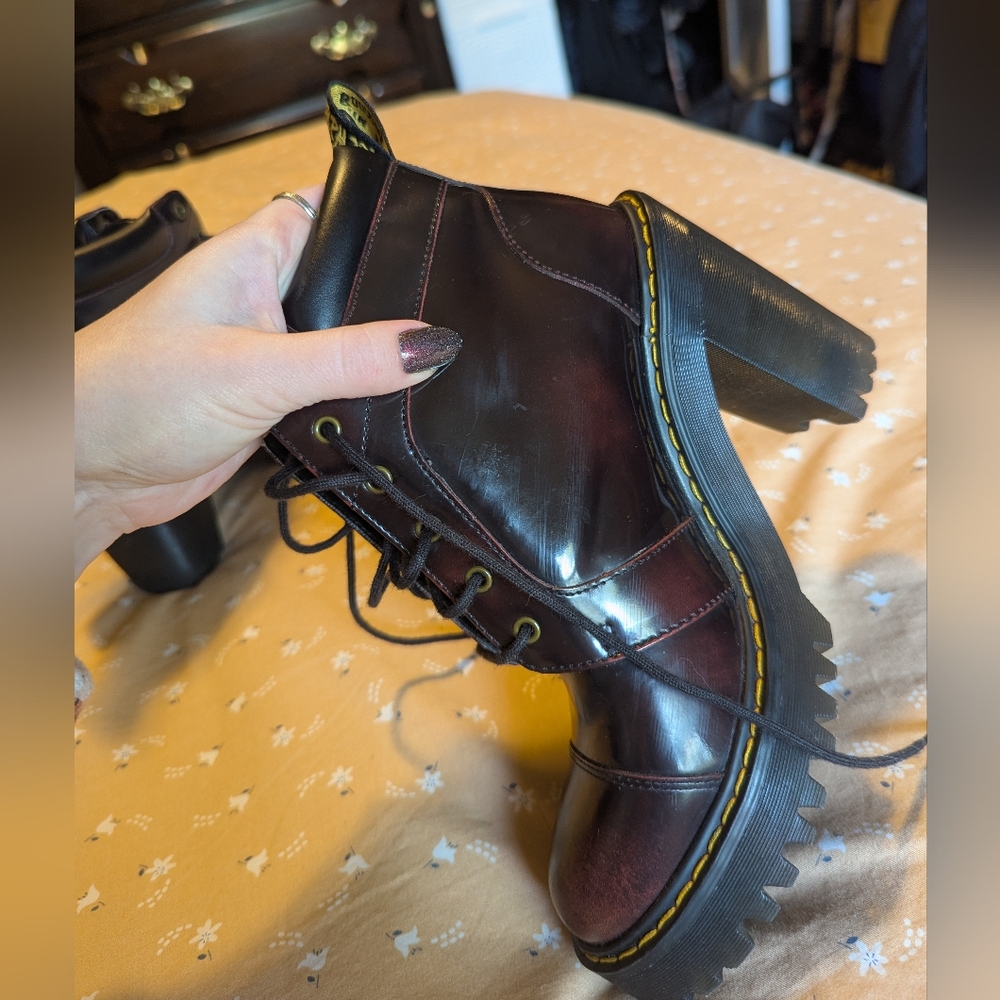 Dr. Martens Women's Burgundy Patent Leather Platform Ankle Boots - Picture 7 of 12